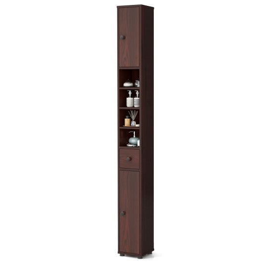 Freestanding Slim Bathroom Cabinet with Drawer and Adjustable Shelves-Brown