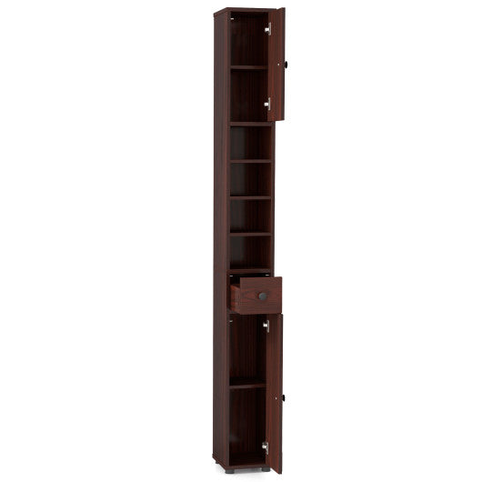 Freestanding Slim Bathroom Cabinet with Drawer and Adjustable Shelves-Brown