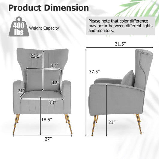 Velvet Upholstered Wingback Chair with Lumbar Pillow and Golden Metal Legs-Gray