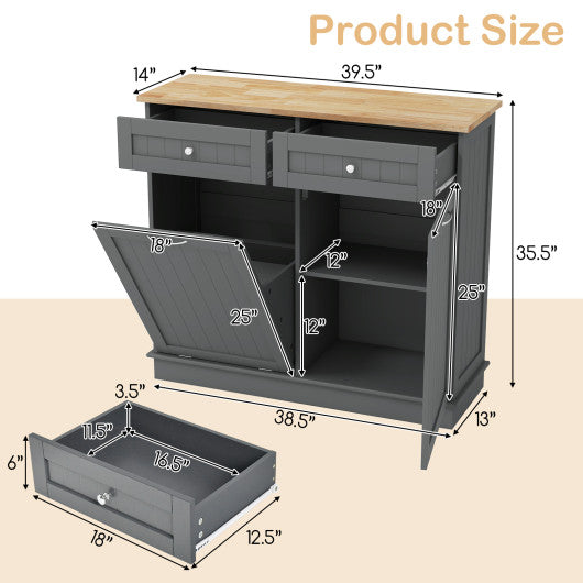 Rubber Wood Kitchen Trash Cabinet with Single Trash Can Holder and Adjustable Shelf-Gray