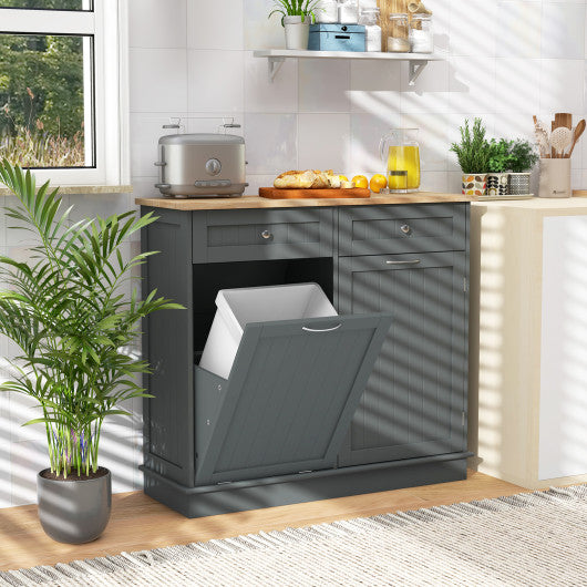 Rubber Wood Kitchen Trash Cabinet with Single Trash Can Holder and Adjustable Shelf-Gray