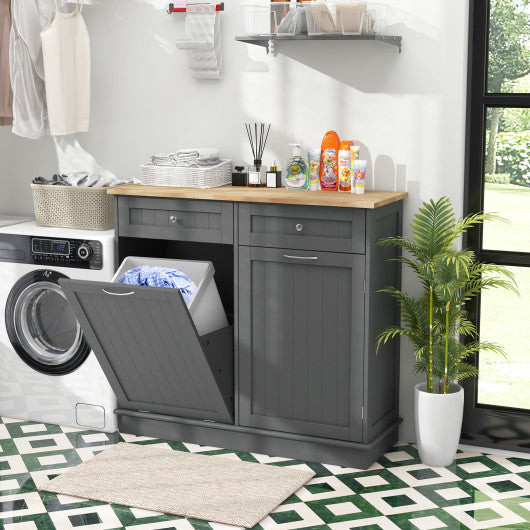 Rubber Wood Kitchen Trash Cabinet with Single Trash Can Holder and Adjustable Shelf-Gray