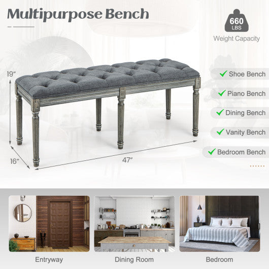 French Vintage Entryway Bench 47 Inch Upholstered Dining Bench-Gray