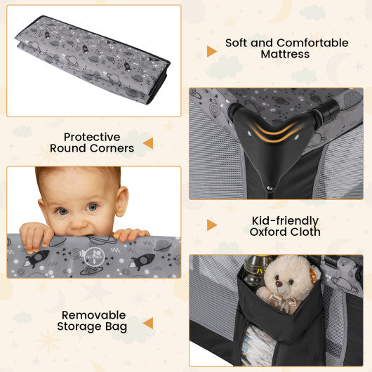 Multi-Functional Baby Playpen with Mattress and Removable Changing Table-Gray