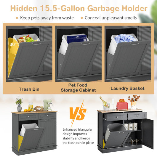 Rubber Wood Kitchen Trash Cabinet with Single Trash Can Holder and Adjustable Shelf-Gray