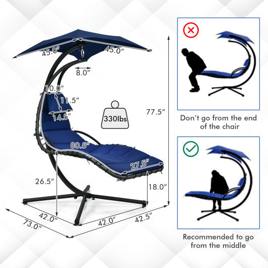 Hanging Curved Steel Swing Chaise Lounger with Removable Canopy-Navy