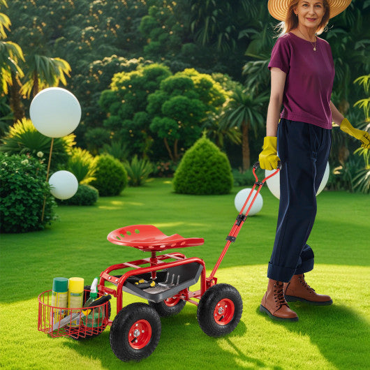 Heavy Duty Garden Cart with Tool Tray and 360 Swivel Seat-Red