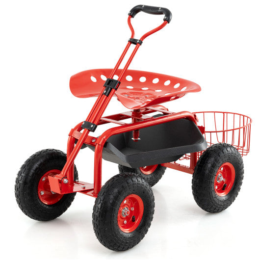 Heavy Duty Garden Cart with Tool Tray and 360 Swivel Seat-Red