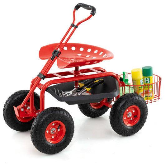 Heavy Duty Garden Cart with Tool Tray and 360 Swivel Seat-Red
