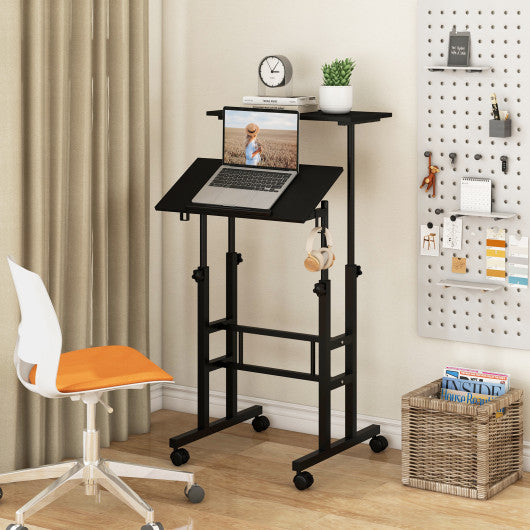 Height Adjustable Mobile Standing Desk with Rolling Wheels for Office and Home-Black