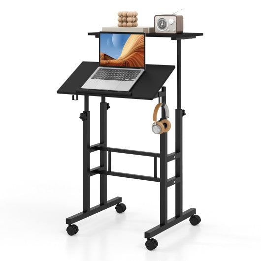Height Adjustable Mobile Standing Desk with Rolling Wheels for Office and Home-Black