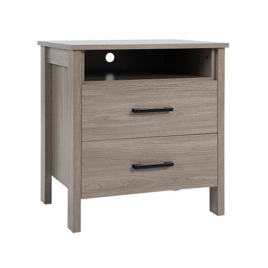 Modern Wood Grain Nightstand with Cable Hole and Open Compartment-Natural