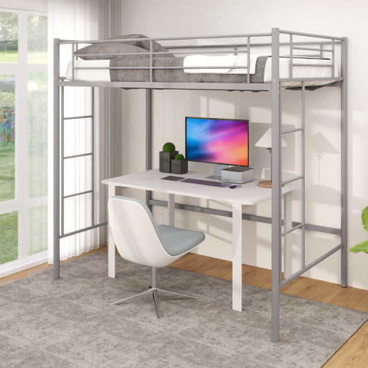 Twin Loft Bed Frame with 2 Ladders Full-length Guardrail -Silver