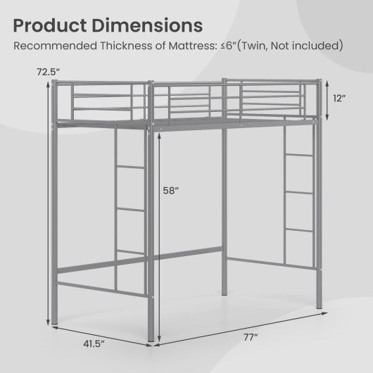 Twin Loft Bed Frame with 2 Ladders Full-length Guardrail -Silver