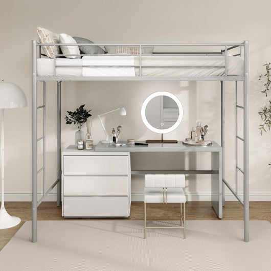 Twin Loft Bed Frame with 2 Ladders Full-length Guardrail -Silver