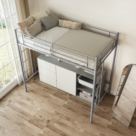 Twin Loft Bed Frame with 2 Ladders Full-length Guardrail -Silver