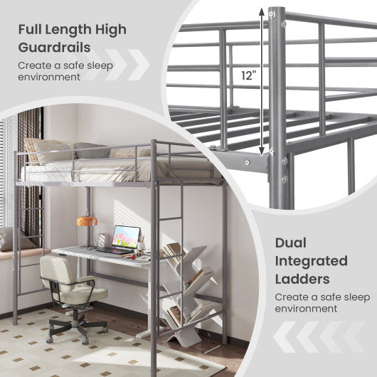 Twin Loft Bed Frame with 2 Ladders Full-length Guardrail -Silver