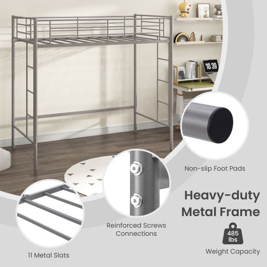 Twin Loft Bed Frame with 2 Ladders Full-length Guardrail -Silver