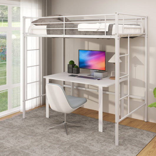 Twin Loft Bed Frame with 2 Ladders Full-length Guardrail -White