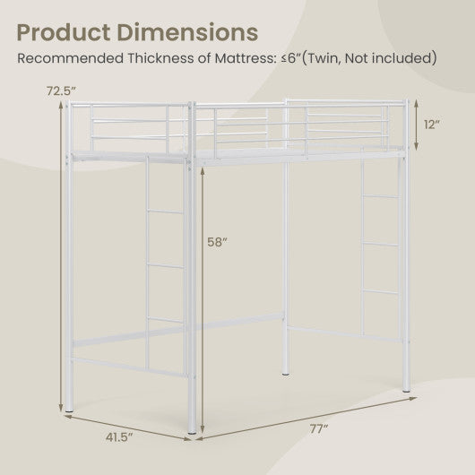 Twin Loft Bed Frame with 2 Ladders Full-length Guardrail -White