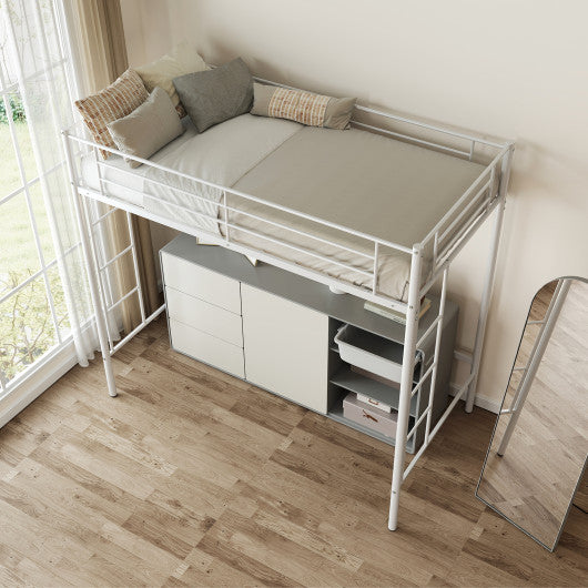 Twin Loft Bed Frame with 2 Ladders Full-length Guardrail -White