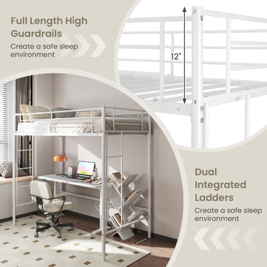 Twin Loft Bed Frame with 2 Ladders Full-length Guardrail -White