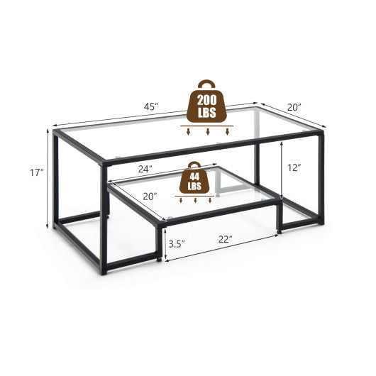 Modern 2-Tier Rectangular Coffee Table with Glass Table Top-Black