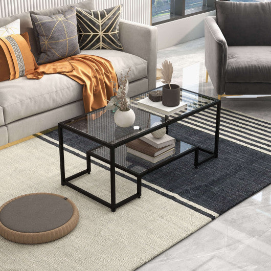 Modern 2-Tier Rectangular Coffee Table with Glass Table Top-Black