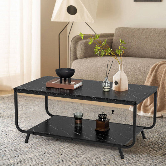 2-Tier Modern Marble Coffee Table with Storage Shelf for Living Room-Black