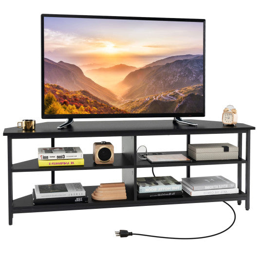 3-Tier Corner TV Stand for TVs up to 65 Inches with Charging Station- Black