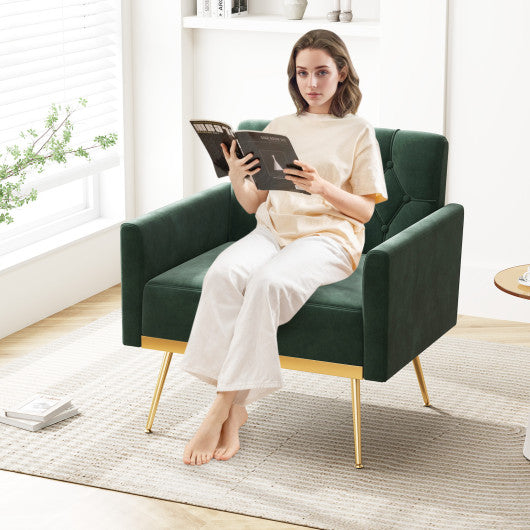 Modern Velvet Accent Chair with Button Tufted Back Golden Metal Legs and Adjustable Foot Pads-Green