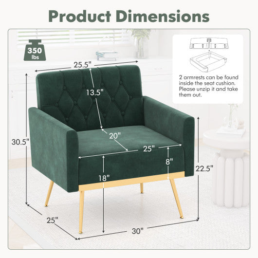 Modern Velvet Accent Chair with Button Tufted Back Golden Metal Legs and Adjustable Foot Pads-Green