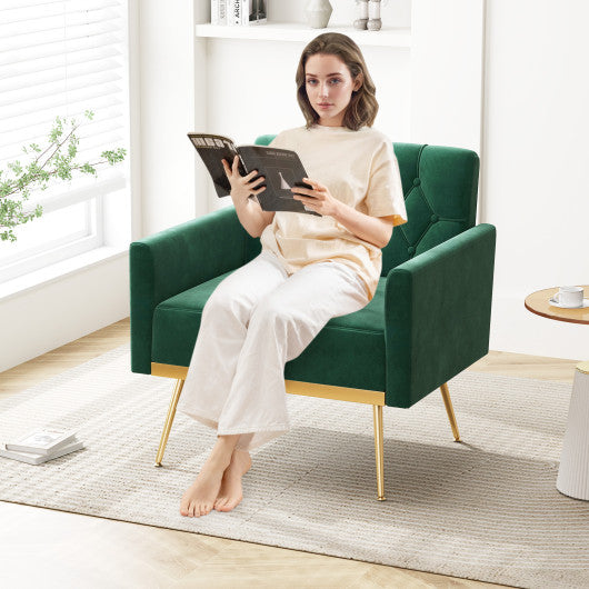 Modern Velvet Accent Chair with Button Tufted Back Golden Metal Legs and Adjustable Foot Pads-Turquoise