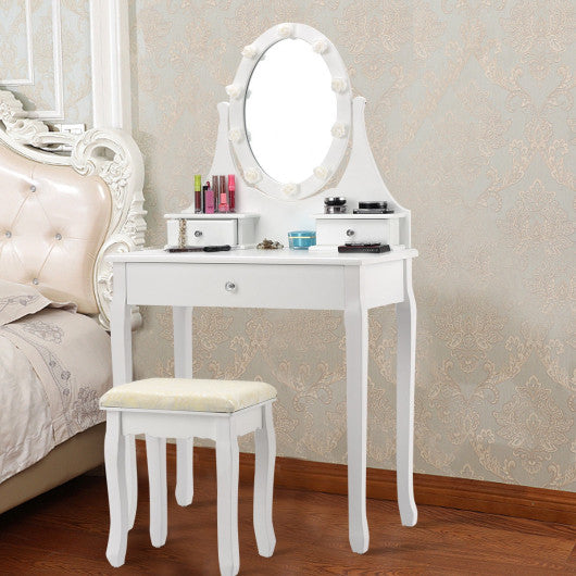 3 Drawers Lighted Mirror Vanity Dressing Table Stool Set-White