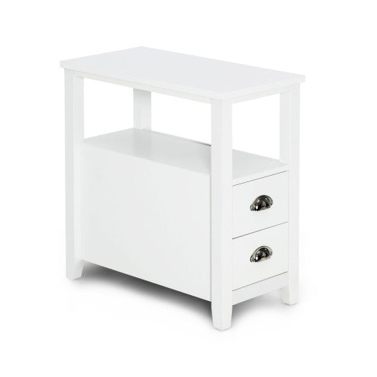 End Table Wooden with 2 Drawers and Shelf Bedside Table-White