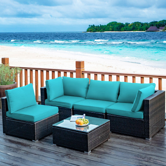 5 Pieces Cushioned Patio Rattan Furniture Set with Glass Table-Turquoise