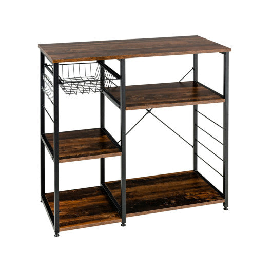 Industrial Kitchen Baker's Rack Microwave Shelf with 6 Hooks-Walnut