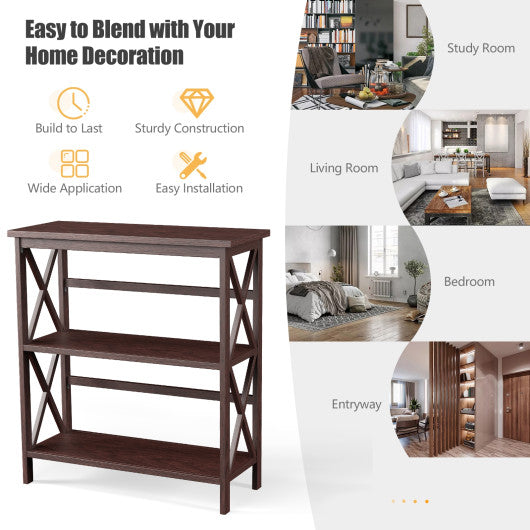 3-Tier Wooden Multi-Functional X-Design Etagere Storage Bookshelf-Dark Brown