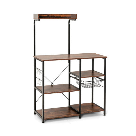 4-tier Kitchen Baker's Rack with Basket and 5 Hooks-Dark Brown