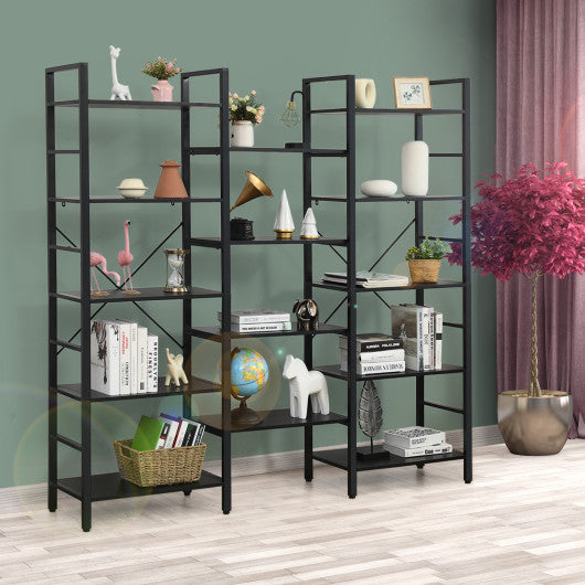 Vintage Triple Wide 5-Tier Bookcase Large Bookshelf Display Storage Shelf-Black