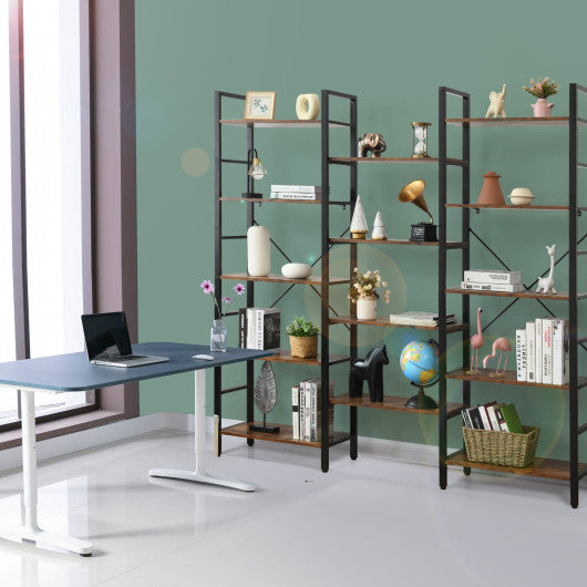 Vintage Triple Wide 5-Tier Bookcase Large Bookshelf Display Storage Shelf-Brown