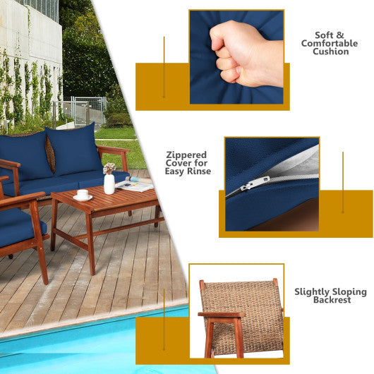 4 Piece Acacia Wood Patio Rattan Furniture Set-Navy