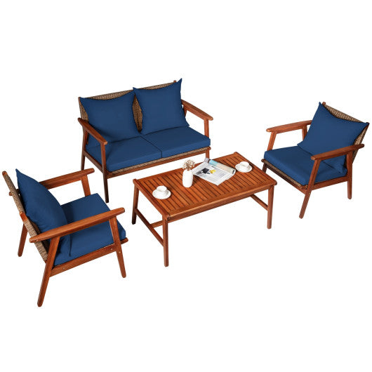 4 Piece Acacia Wood Patio Rattan Furniture Set-Navy