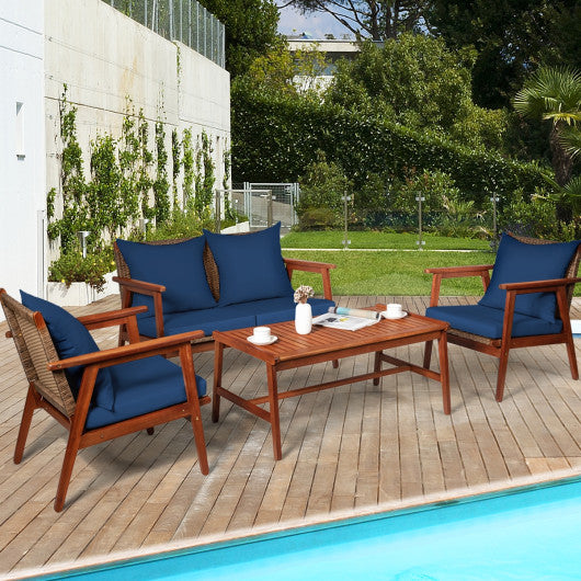 4 Piece Acacia Wood Patio Rattan Furniture Set-Navy