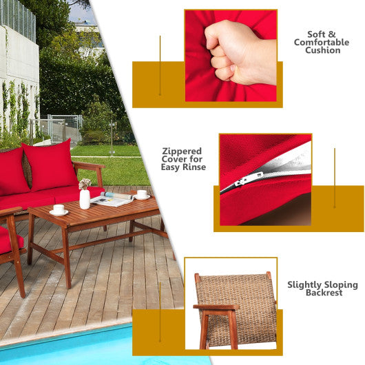 4 Piece Acacia Wood Patio Rattan Furniture Set-Red