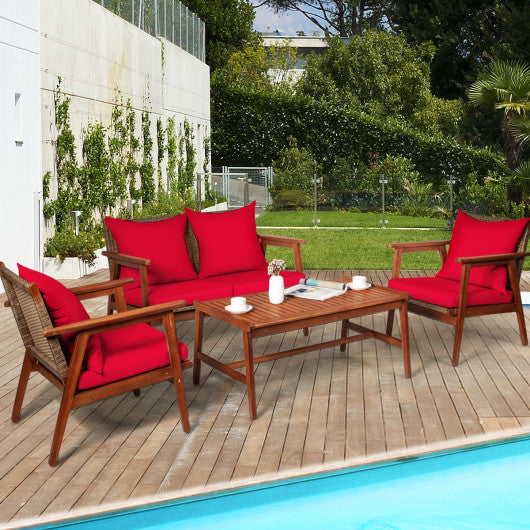 4 Piece Acacia Wood Patio Rattan Furniture Set-Red