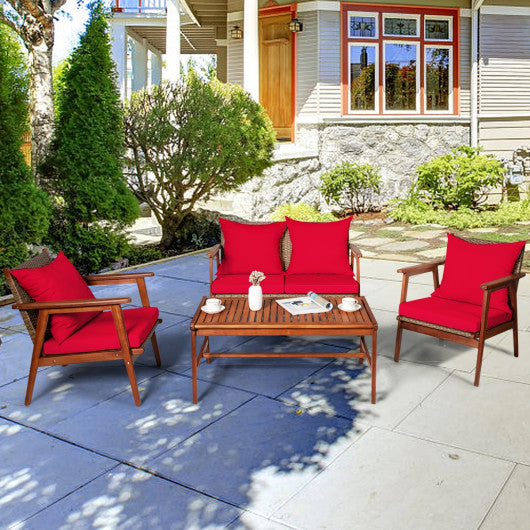 4 Piece Acacia Wood Patio Rattan Furniture Set-Red