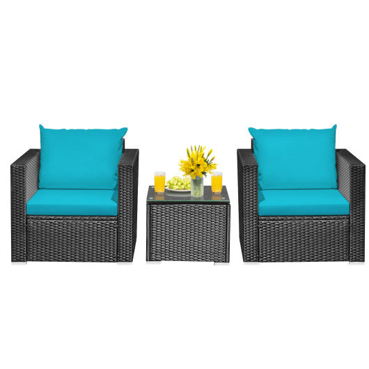 3 Pieces Patio Wicker Conversation Set with Cushion-Turquoise