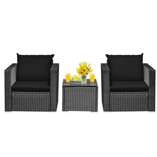 3 Pieces Patio Wicker Conversation Set with Cushion-Black