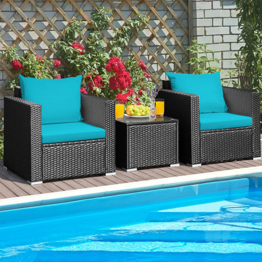3 Pieces Patio Wicker Conversation Set with Cushion-Turquoise